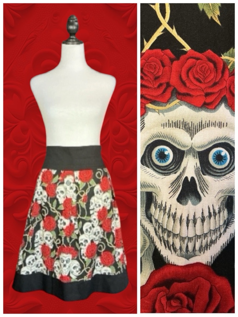 Hemet Punk Goth Pin-Up Dark Academia Psychobilly 100% Cotton Skull Rose Skirt XL